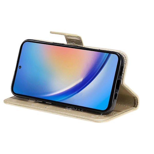 KT Imprinting Flower Series-3 til Samsung Galaxy A35 5G Cover Præget Katte Træ Læder Telefon Cover Multicolor Gold
