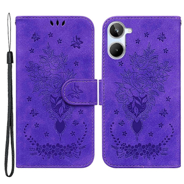 Realme 10 4G PU-nahkakukkaro puhelimen suojus, jossa on painettu ruusu- ja perhoskuvio, jalustallinen puhelinkotelo ja hihna Multicolor Style E