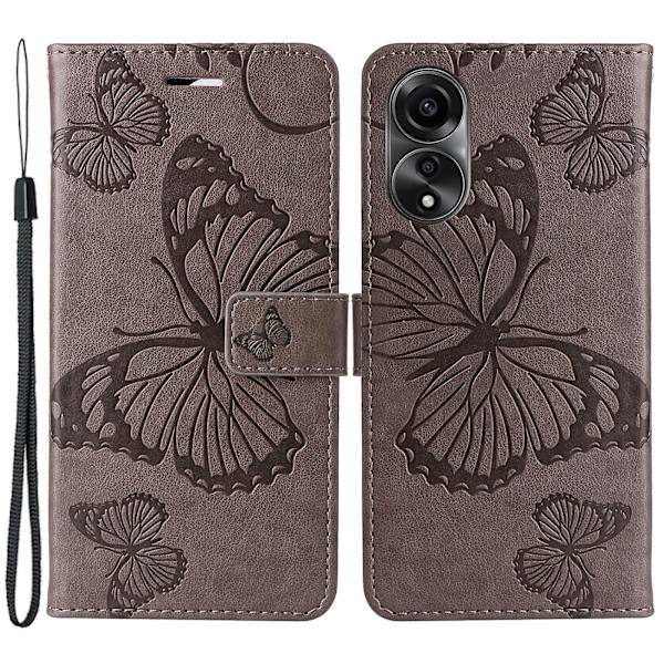 Læder Etui til Oppo A78 4g, Tegnebog Stand Præget Sommerfugl Telefon Cover Grey