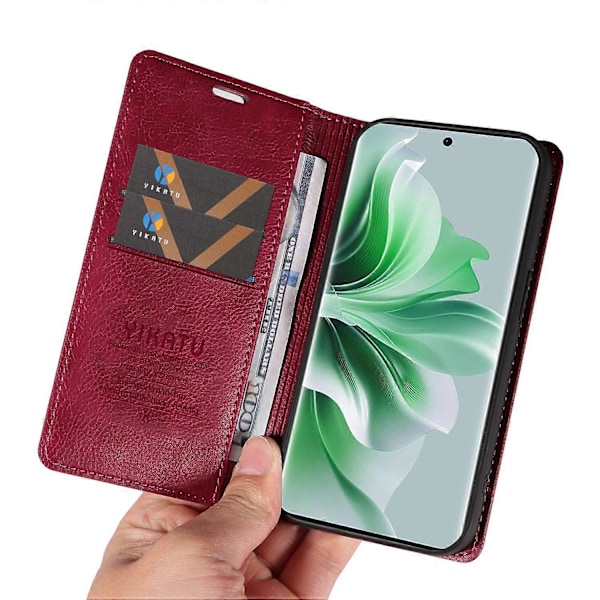 YIKATU YK-006 Mobilskal för Oppo Reno11 5G, Litchi-texturerat PU-läder, Ställ, Plånboksfodral Multicolor Wine Red