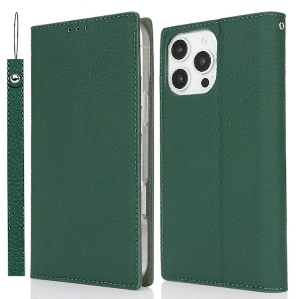 For iPhone 16 Pro Wallet Case Ægte Ko Læder Telefon Cover Litchi Tekstur Multicolor Style C