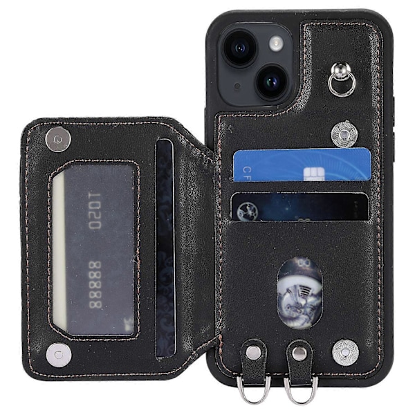 Stil 008 För iPhone 15 Plus RFID-blockerande Stöttåligt Skal PU+TPU Mobilskal med Remmar Multicolor Style A