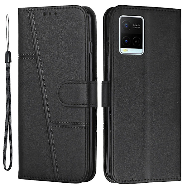 Til Vivo Y33s / Y21s / Y21 Foldbart Stativ Syning Pu Læder Etui Stativ Magnetisk Lukning Stødsikkert Flip Folio Bog Cover Med Rem Black
