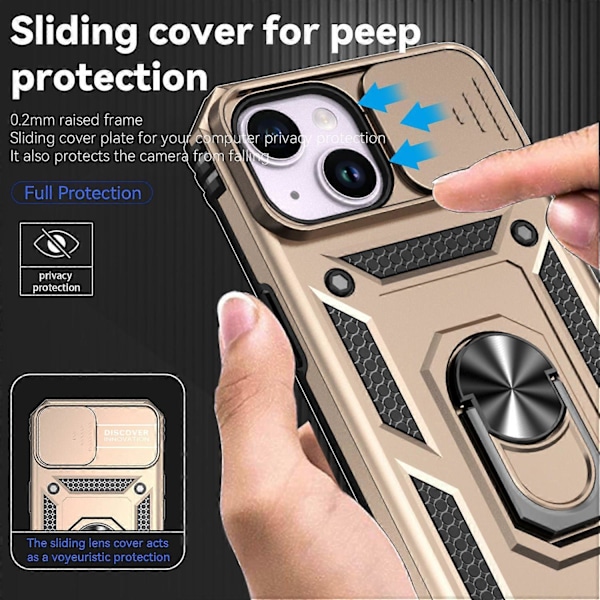 Skal med skjutbart kameraskydd för iPhone 15 Plus Fodral Metallring Ställ PC+TPU Skydd Multicolor Style E