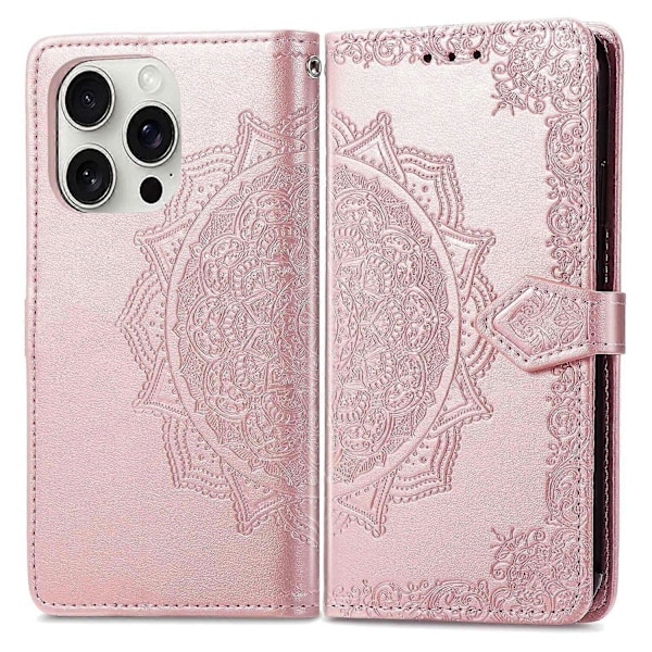 Til iPhone 16 Pro Max Wallet Case Mandala Blomst Læder Telefon Cover Stativ View-Grøn Multicolor Rose Gold