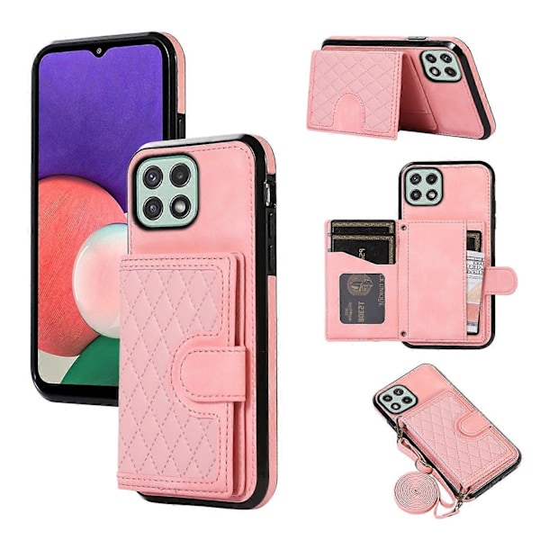 För Samsung Galaxy A22 5G Rhombus Grid Telefonfodral TPU+PU Läder Ställ Skal Multicolor Rose Gold