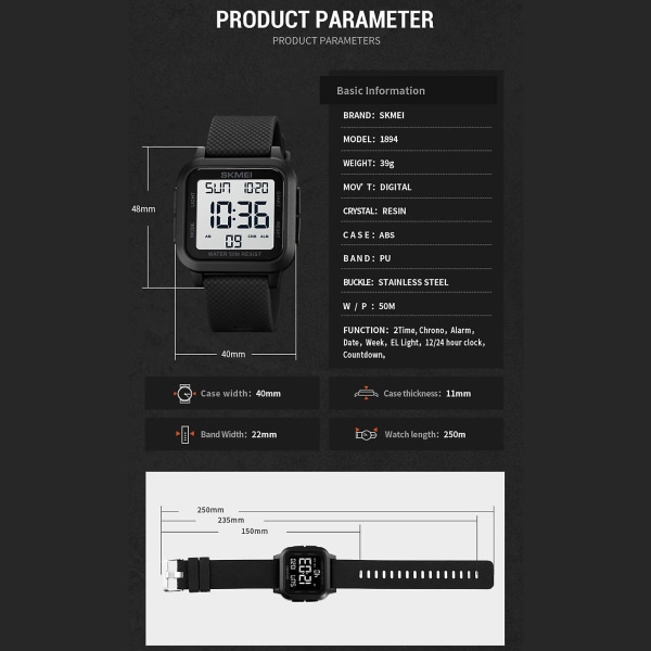 SKMEI 1894 sportklockor Nedräkning dubbel tid watch väckarklocka Kronografbord Digitala klockor dark green