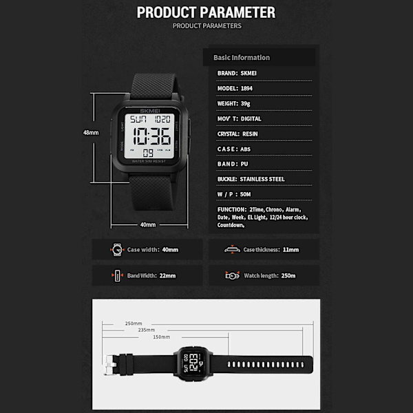 SKMEI 1894 sportklockor Nedräkning dubbel tid watch väckarklocka Kronografbord Digitala klockor green
