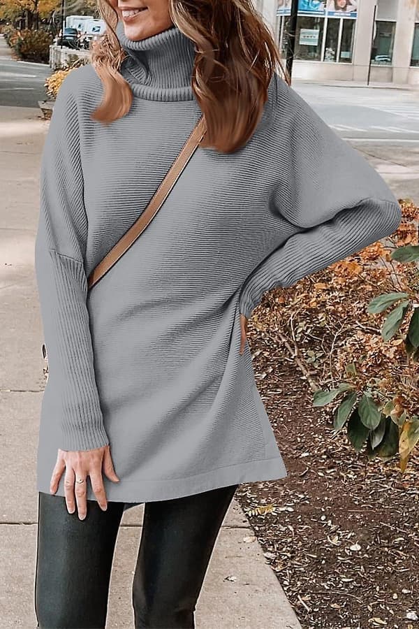Överdimensionerade tröjor med polokrage för damer 2023 Höst Lång Fladdermusärm Tunika Pullover Tröja Stickade Toppar Light Grey Medium