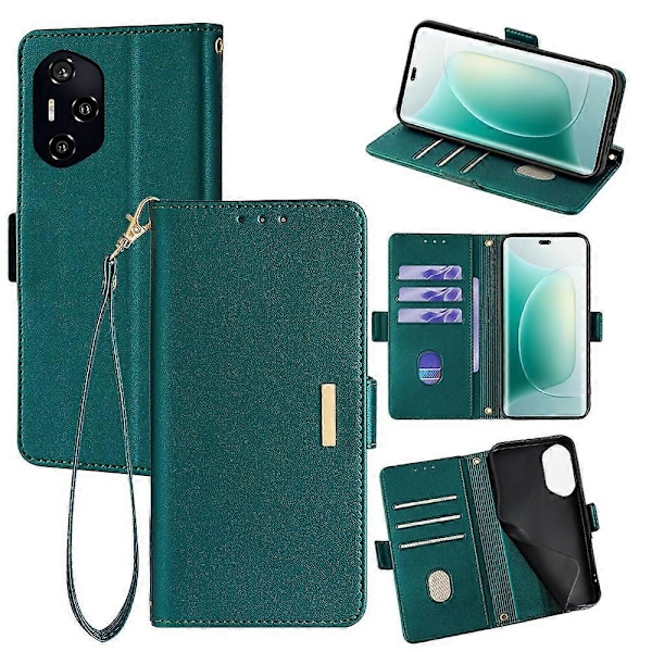 Læder Wallet Case med RFID-blokering og stativ til Honor 300 Pro med håndrem Multicolor Green