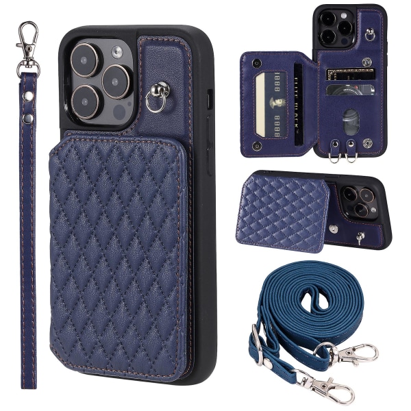 Stötsäkert case för Iphone 15 Pro Rfid Blockering anti-scratch Pu+tpu cover med remmar Blue