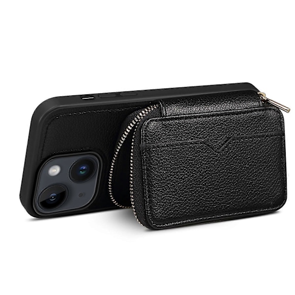 För iPhone 15 Plus Ställ Zipper Plånbok Baksida PU Läder+TPU Mobilskal med Kedjerem Multicolor Style C