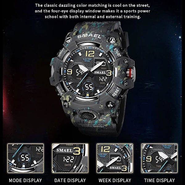 Smael Watch Sport Militär Klockor Vattentät 50m Stoppur Led Light Week Display Armbandsur 8008 Quartz Watches Herr Digital DARKBLUE