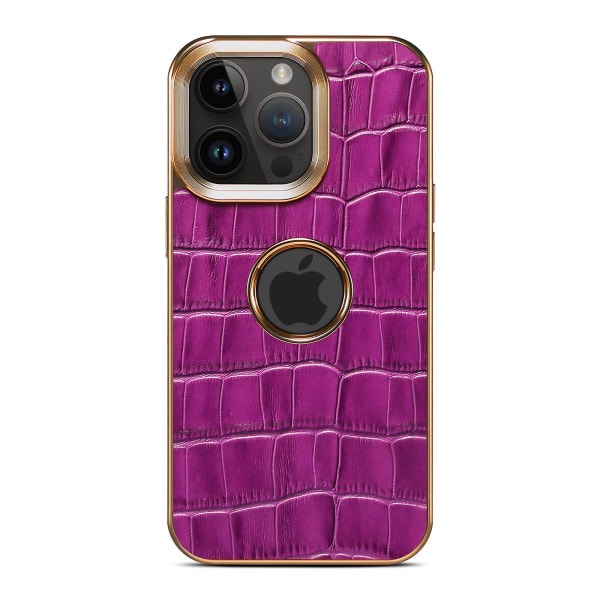 För Iphone 13 Pro Max Läderbelagd phone case Galvanisering Pc+tpu cover med logotypvy Purple