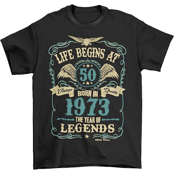 Buzz Shirts Miesten 50-vuotispäivä T-paita, Elämä Alkaa 50-vuotiaana, Valmistettu Luomupuuvillasta, Syntynyt 1973 Black XL