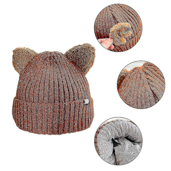 Kawaii kattöronmössa söt enfärgad varm ull stickad mössa höst vinter mössor Beige