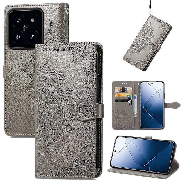 Til Xiaomi 14T Pro Etui Mandala Præget Design Læder Wallet Telefon Cover- Multicolor Grey