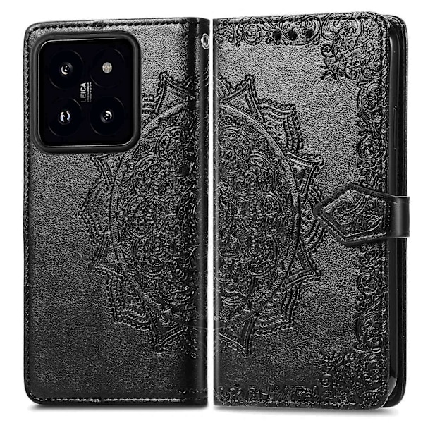 Til Xiaomi 14T Pro Etui Mandala Præget Design Læder Wallet Telefon Cover - Grå Multicolor Black