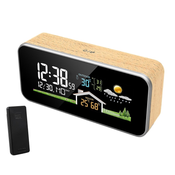 Fanju Trä Väderstation Väckarklocka Inomhus Utomhus Digital Termometer Hygrometer Trådlös LCD-skärm Väderprognos