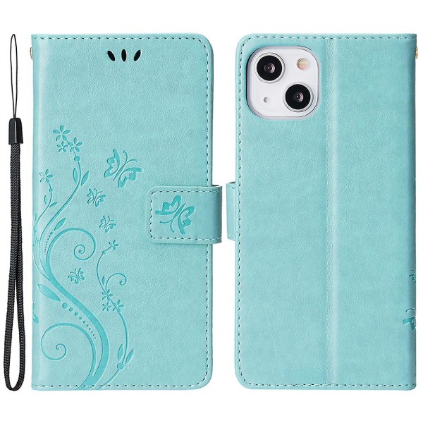 För Iphone 15 Plus Pu Läder Cover Phone case Imprinted Butterflies Shell Stand with rem Baby Blue