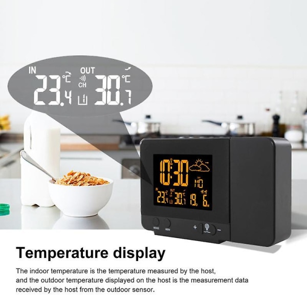 Väckarklocka LCD-skärm Väderstation 8 färgskärm LED Digital projektion Snooze Alarm för hemmet Black EU Plug
