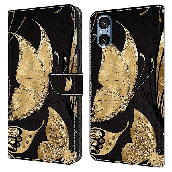 Til Sony Xperia 5 V Etui Magnetisk Lås 3D Mønster Læder Wallet Telefon Cover Multicolor Golden Butterfly