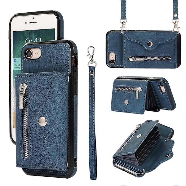 RFID-blokerende korttaske telefoncover med støttefod i PU-læder + TPU-cover til iPhone 7/8/SE (2020)/SE (2022) Multicolor Style E