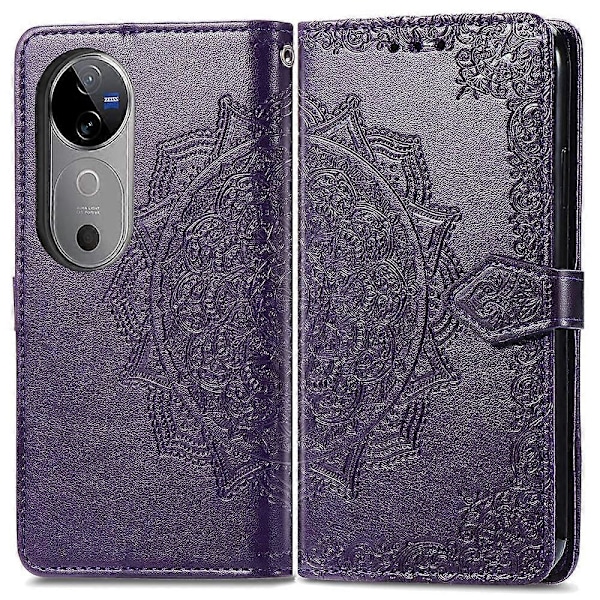 Til vivo V40 5G Etui Mandala Præget Design Læder Wallet Telefon Cover - Grå Multicolor Purple