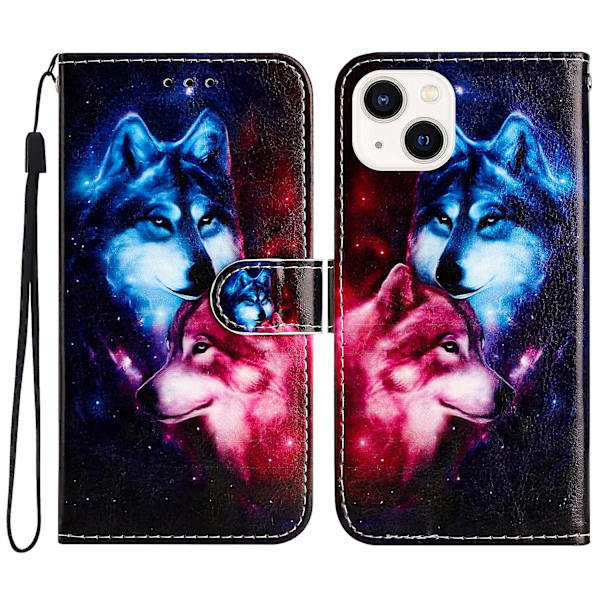 Telefonlommebokdeksel med mønstertrykk for iPhone 15, PU-lærstativ Anti-fall deksel Couple Wolf