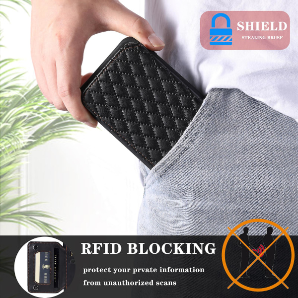 För Iphone 15 Plus Rfid Blocking Case Drop Resistant Pu+tpu telefonskal med handledsrem Black