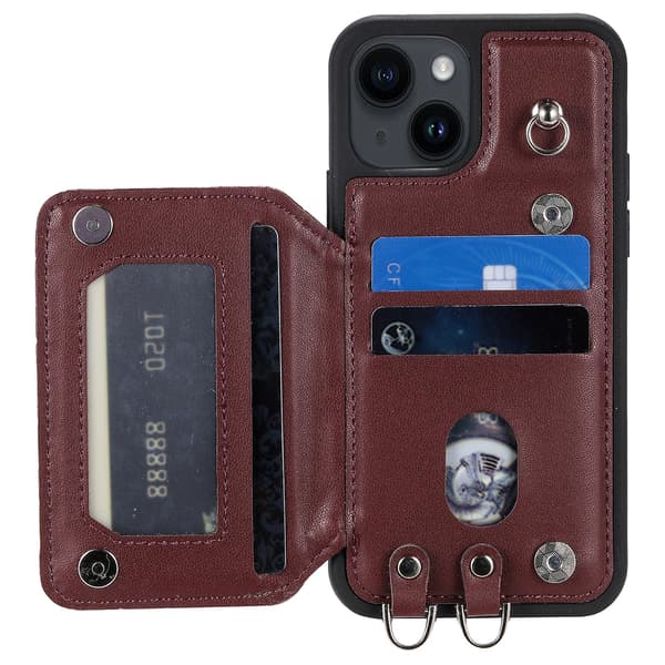 For iPhone 15 Plus RFID-blokkerende deksel, fallsikkert PU+TPU-telefondeksel med håndleddsstropp Wine Red