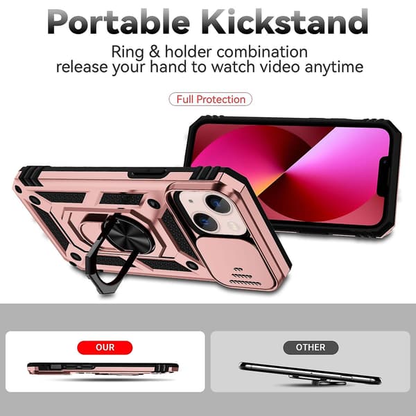 Skyvbart Camshield Holder Telefondeksel til iPhone 14 Plus Rose Gold