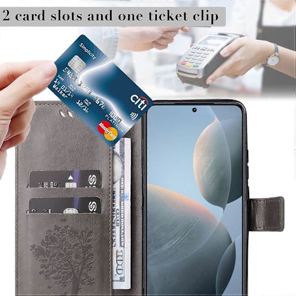 KT Imprinting Flower Series-3 til Xiaomi 14T Etui Katte Træ Mønster Flip Læder Telefon Cover Multicolor Style E