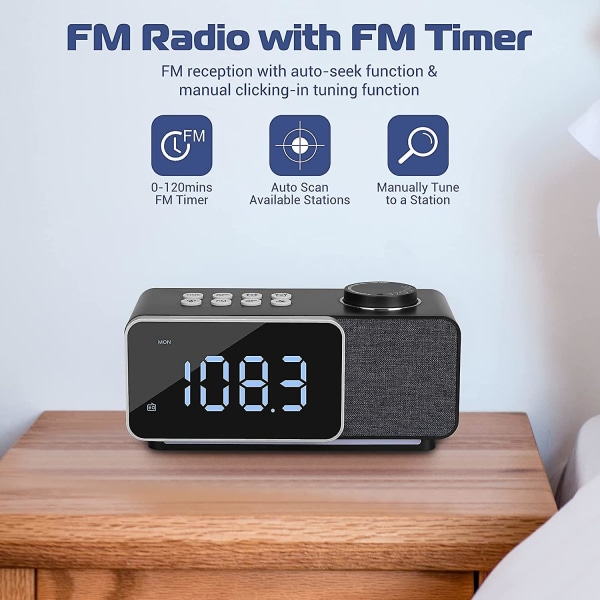 Alarmklockradio för sovrum med veckodag/helg alarm, dimmer, justerbar volym, färg nattljus, timer, USB laddningsportar, digital klocka vid sängen Black