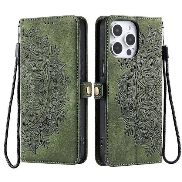 Style 016 Til iPhone 16 Pro Max Cover Hudfølelse Totem Præget Tegnebog Læder Telefon Cover - Sort Multicolor Blackish Green