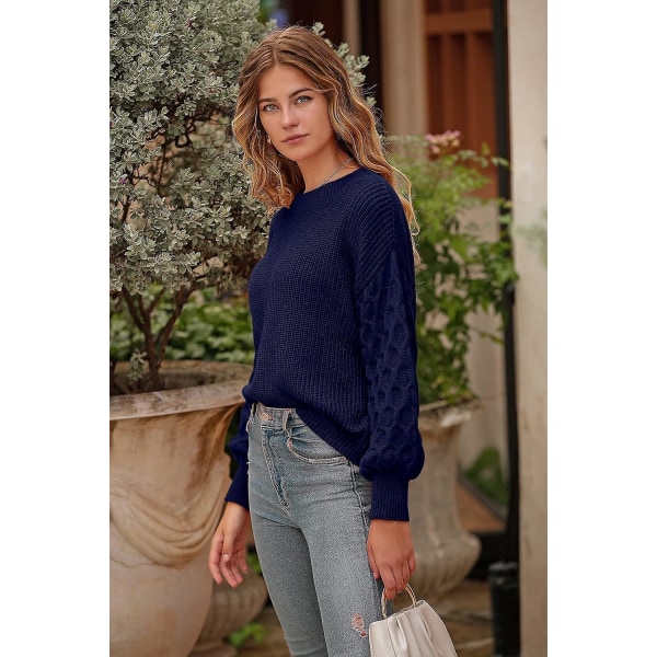 Dame 2023 Vinter Pullover Sweater Afslappet Langærmet Rund Hals Løs Tyk Strikket Jumper Toppe Bluse Navy X-Large