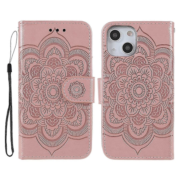 Präglad Mandala Blomma PU Läder Telefonställ Skydd Plånboksfodral med Rem för iPhone 13 6.1 tum Multicolor Style E