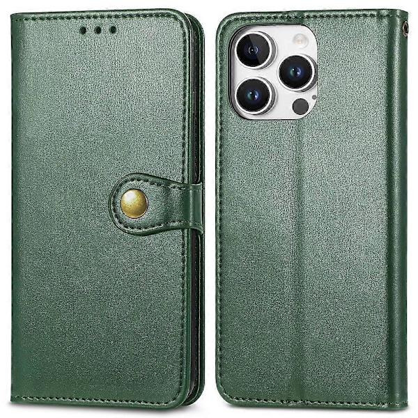 Læder telefoncover med pung, stativ og håndledsrem til iPhone 16 Pro Max - Multicolor Green