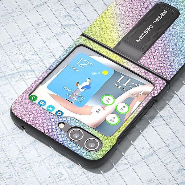 För Samsung Galaxy Z Flip5 5g Rhinestone Texture Back Cover Pu Läder+PC Kickstand Phone case Multi-color