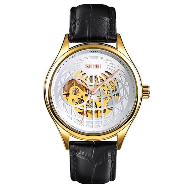 Skmei 9209 Men Business Automatisk Mekanisk Watch Rund Hollow Dial Läder Watchband Watch Golden Silver
