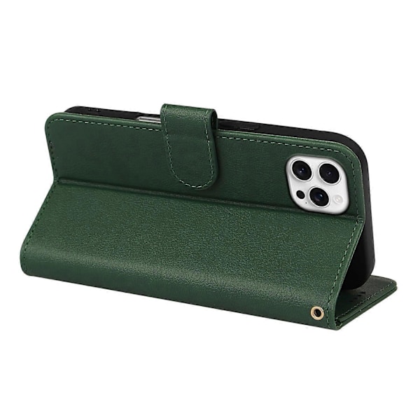Læderetui med pung, stativ og magnetlukning til iPhone 16 Pro Max Multicolor Green