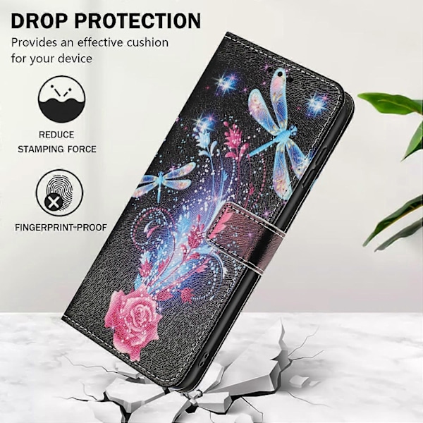 YX-2501 Plånboksfodral för iPhone 15 Plus/ 14 Plus Mönstertryck PU Läder Telefonskal med Snodd Multicolor Dragonfly