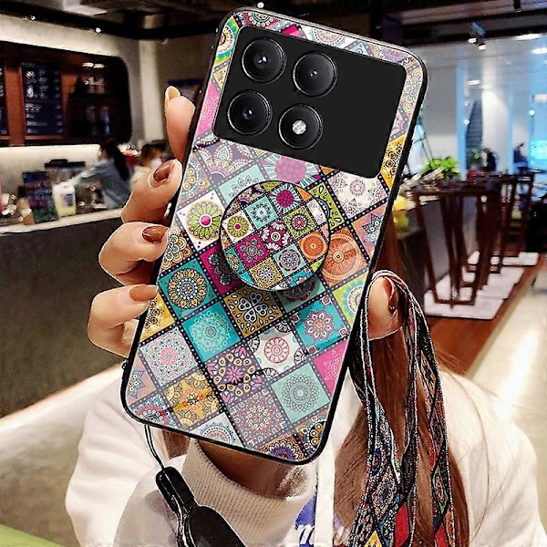 Etui til Xiaomi Redmi K70E 5G/Poco X6 Pro 5G med rem, blomstermønster, støttefod og hærdet glas Multicolor Color Pattern