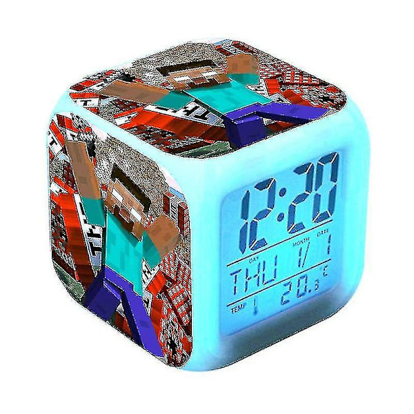 Minecraft färgglada väckarklocka färgskiftande ljus Anime tecknad klocka Mute Night Light