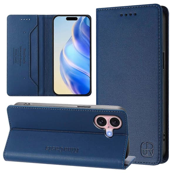 Läderfodral RINACASIS RC01 för iPhone 16 med RFID-skydd, plånboksställ Multicolor Dark Blue