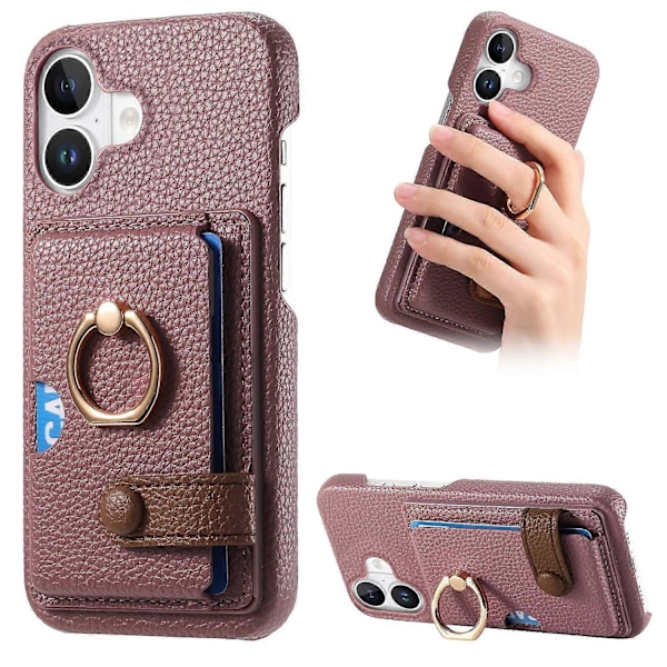 Y2 iPhone 16 -puhelinkuori, jossa sormipidike, jalusta, korttipaikka ja nahkainen takakansi- Multicolor Date Apricot