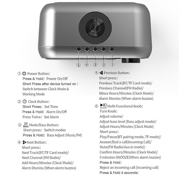Multifunktionell bärbar Bluetooth högtalare Desktop Clock Alarm Mobiltelefonkabel