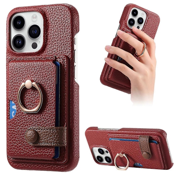 Y2 Skal för iPhone 16 Pro med Ringhållare, Ställ, Kortfack, Läder Baksida - Date Apricot Multicolor Red