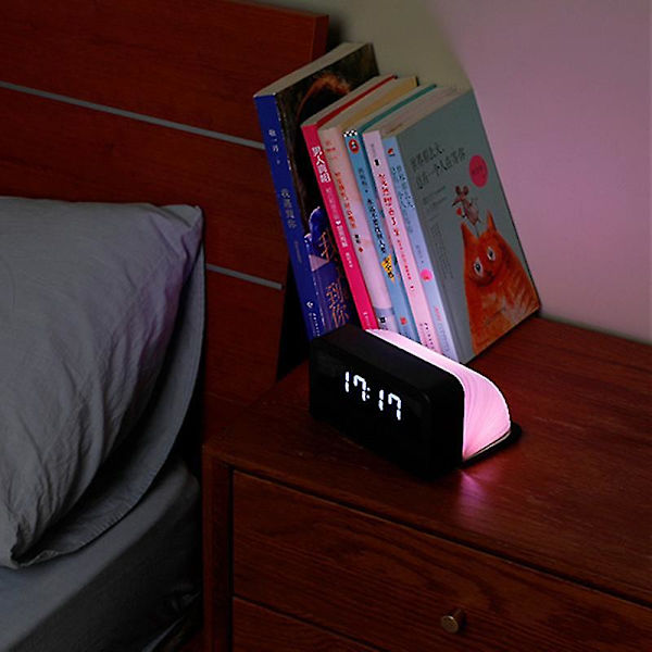 Puinen kirjalampun USB:llä ja herätyskellolla, LED-paperilamppu yövalo kotiin ja toimistoon black