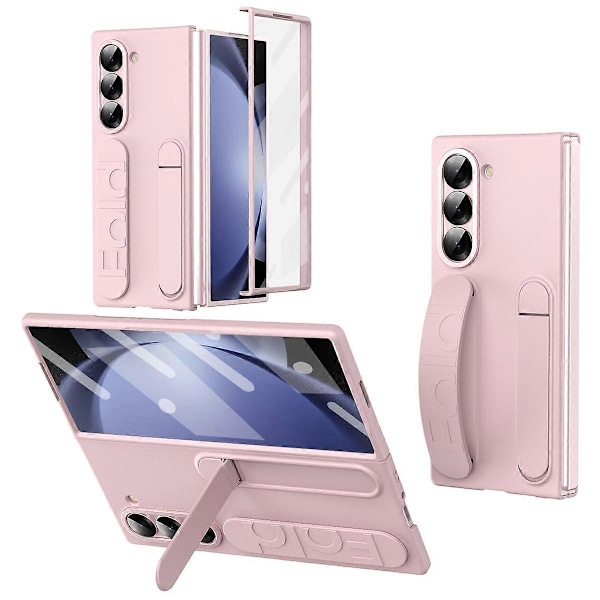 Samsung Galaxy Z Fold5 5G -kotelo, jossa on jalusta, ranneke, PC-puhelinkuori ja karkaistu lasikalvo - Harmaa Multicolor Pink